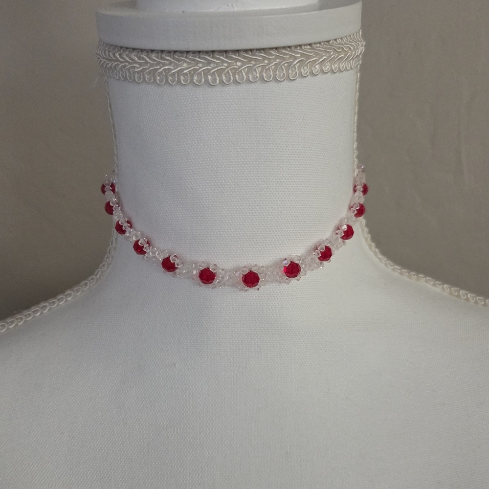 Handmade Swarovski Crystals Red Beaded Choker Necklace